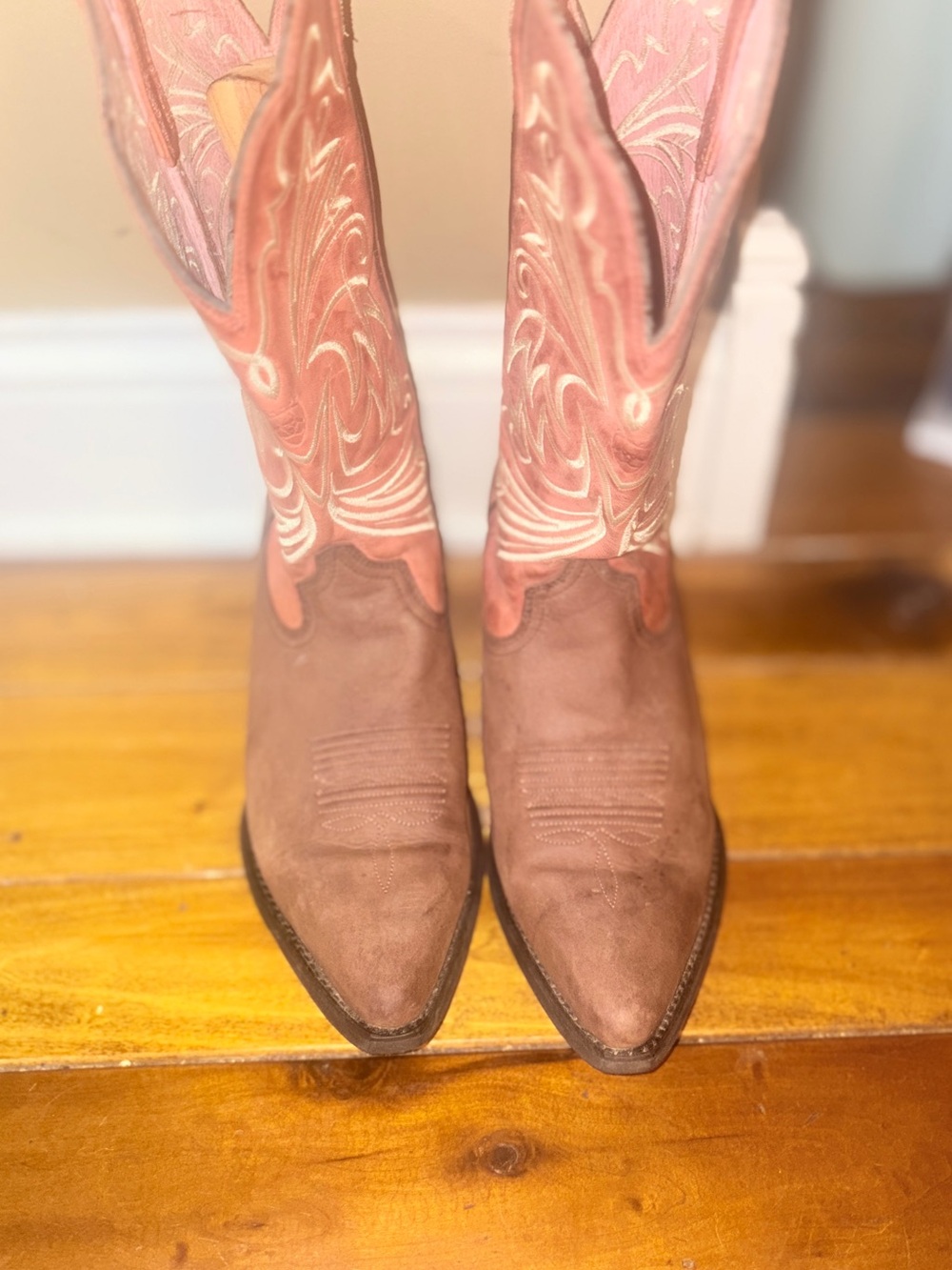 Ariat Brown Suede & Pink Embroidered Western Heeled Boots
